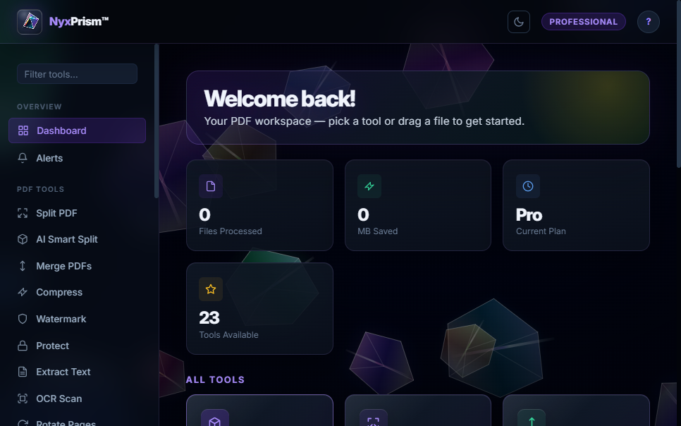 NyxPrism dashboard showing document tools, alerts, and workspace overview